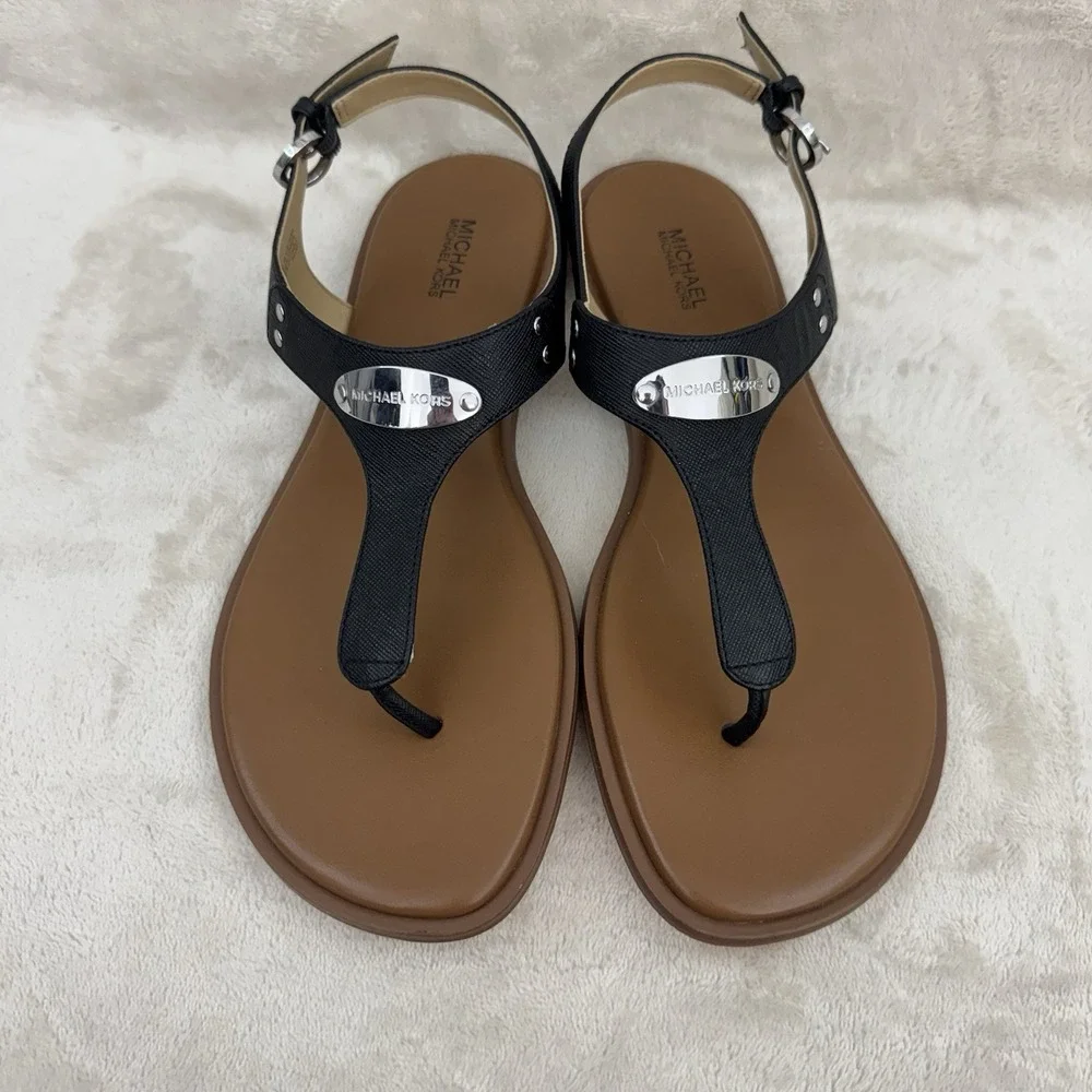Michael Kors Black Leather T-Strap Thong Sandals Women's 9.5 Slingback Flat